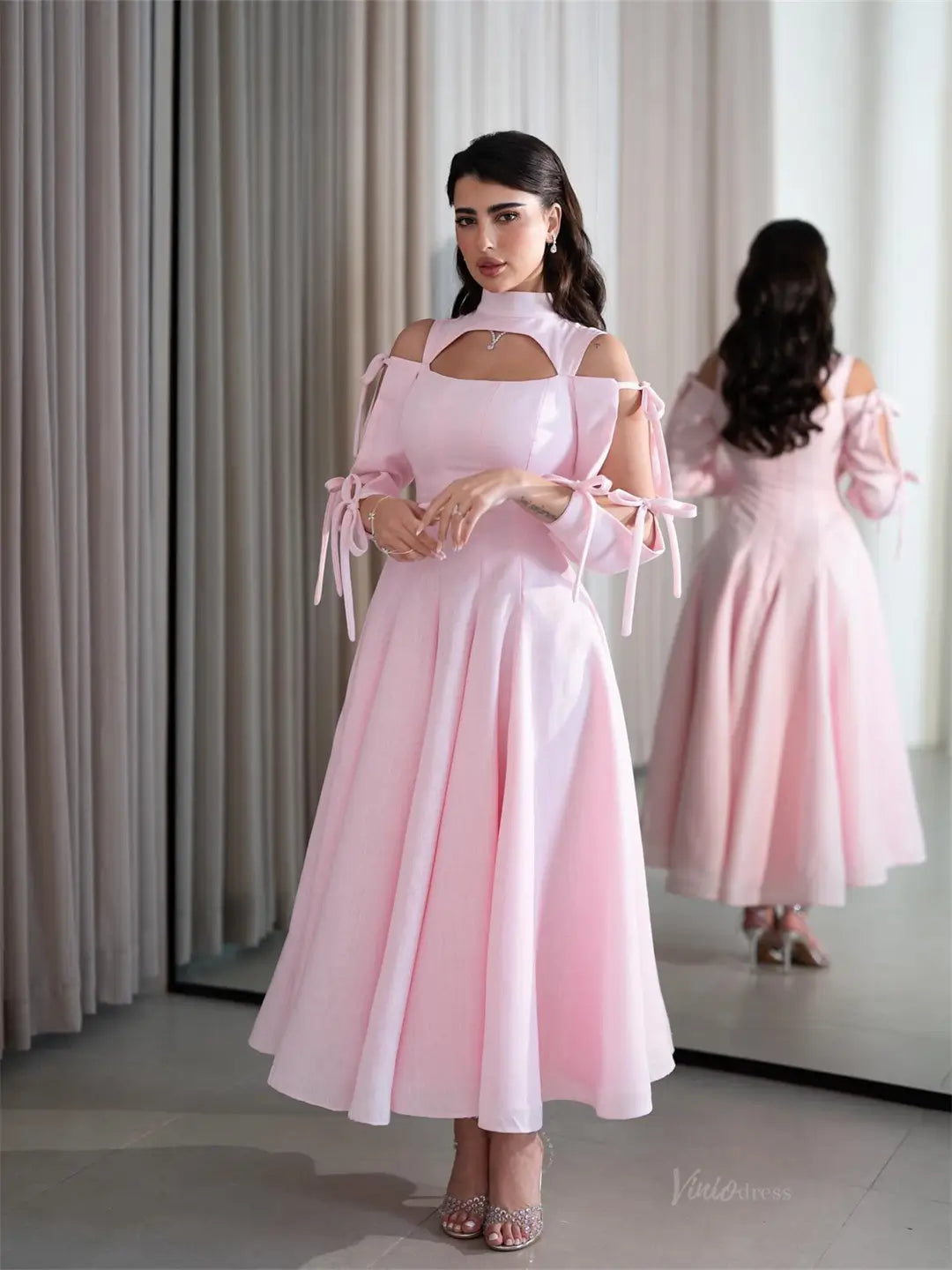 prom dresses 2025-to impress Pink Satin Maxi Prom Dresses 2025 with Bow, Long Sleeve & High Neck – FD5202-plus size wedding dresses Viniodress-Pink-Custom Size-