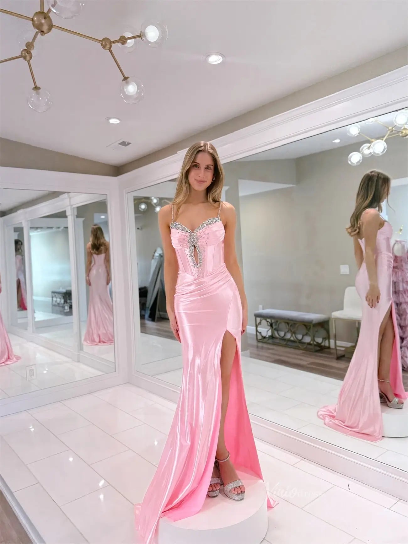 Pink Satin Mermaid Prom Dresses with Slit, Spaghetti Straps & Beaded Sweetheart Neckline - FD6031 - Viniodressprom dressesPinkCustom Size - Formal Dresses - Ball Gowns