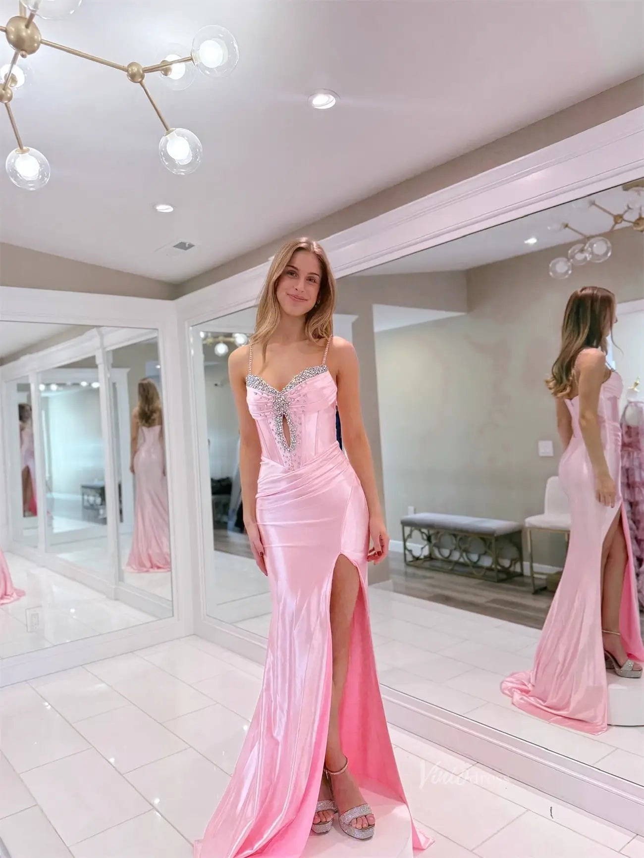 Pink Satin Mermaid Prom Dresses with Slit, Spaghetti Straps & Beaded Sweetheart Neckline - FD6031 - Viniodressprom dressesPinkCustom Size - Formal Dresses - Ball Gowns