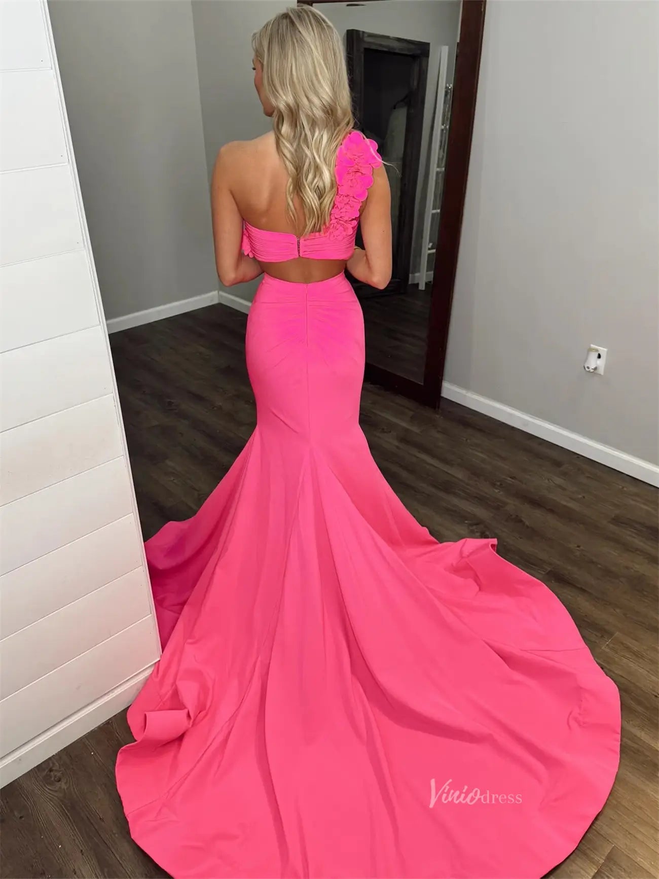 Pink Satin Mermaid Two - Pieces Prom Dresses with Floral One Shoulder - FD6047 - Viniodressprom dressesPinkCustom Size - Formal Dresses - Ball Gowns