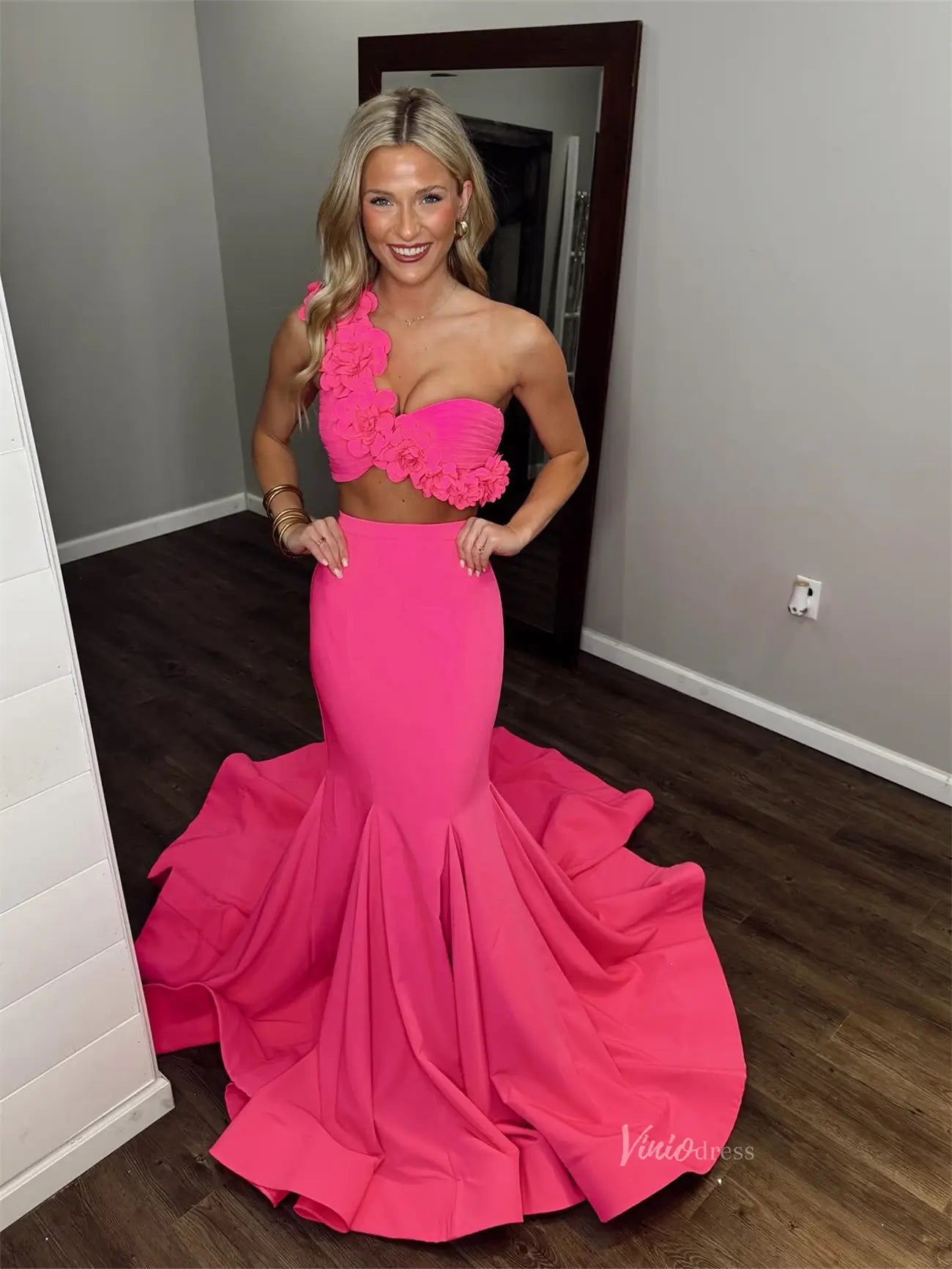 Pink Satin Mermaid Two - Pieces Prom Dresses with Floral One Shoulder - FD6047 - Viniodressprom dressesPinkCustom Size - Formal Dresses - Ball Gowns