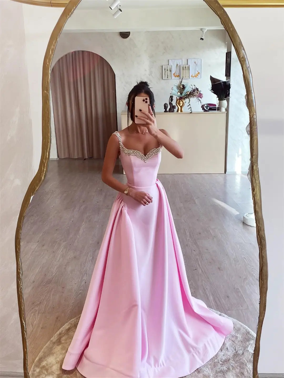 Pink Satin Prom Dresses 2025 Beaded Strap Formal Dress FD5245