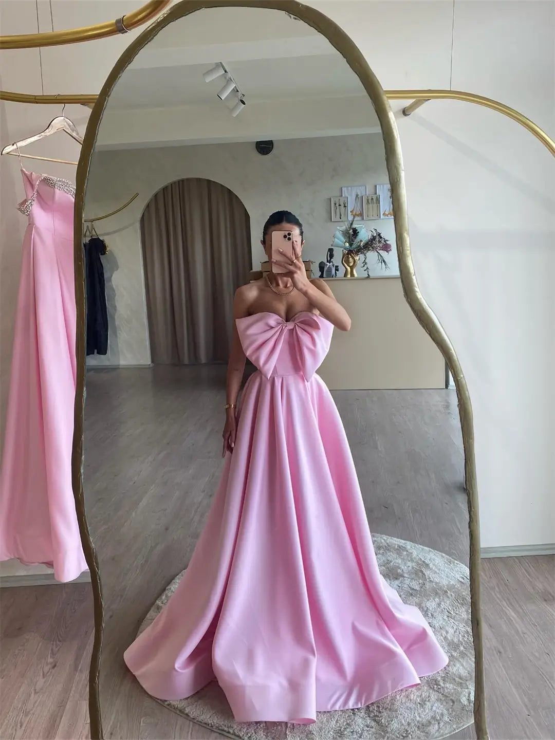 Pink Satin Prom Dresses 2025 Bow Strapless Formal Gown FD5244