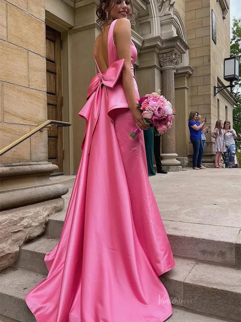 Pink Satin Prom Dresses 2025 Bow - Tie V - Neck Formal Gown with Slit - FD5148 - Viniodressprom dressesPinkCustom Size - Formal Dresses - Ball Gowns