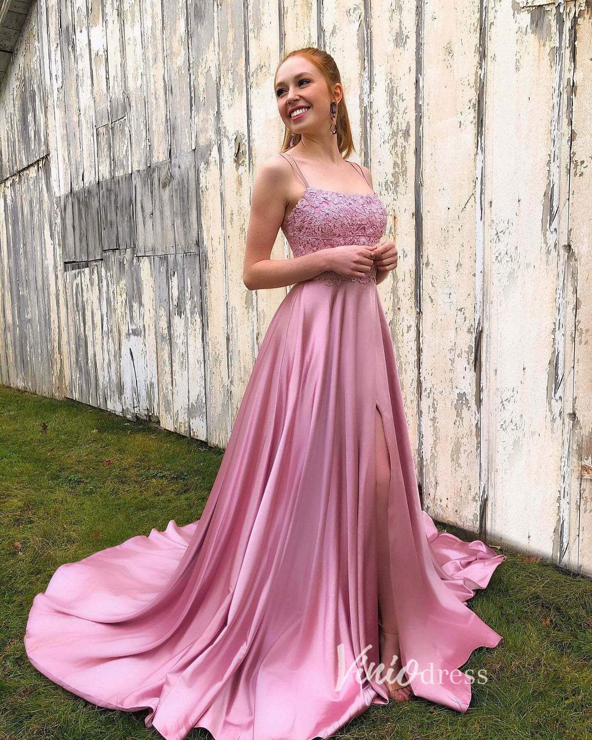 Prom Dress 2025 Pink Satin Prom Dresses with Slit Spaghetti Strap Evening Dress FD3347-unique prom dresses-Pink-Custom Size-Viniodress