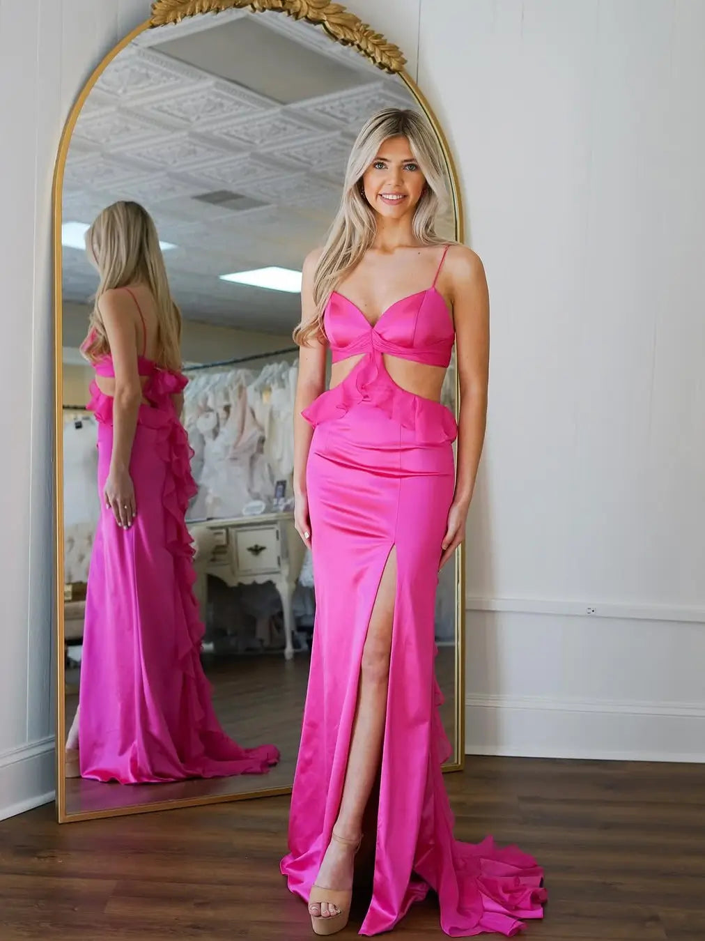 prom dresses 2025 Pink Satin Ruffle Sheath Prom Dress with Slit & Spaghetti Strap – Style FD6066-plus size wedding dresses Viniodress-Pink-Custom Size-