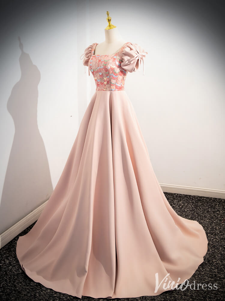 Pink Smooth Satin Prom Dresses Sequin Lace Puffed Sleeve 90068 - Viniodressprom dressesPinkCustom Size - Formal Dresses - Ball Gowns