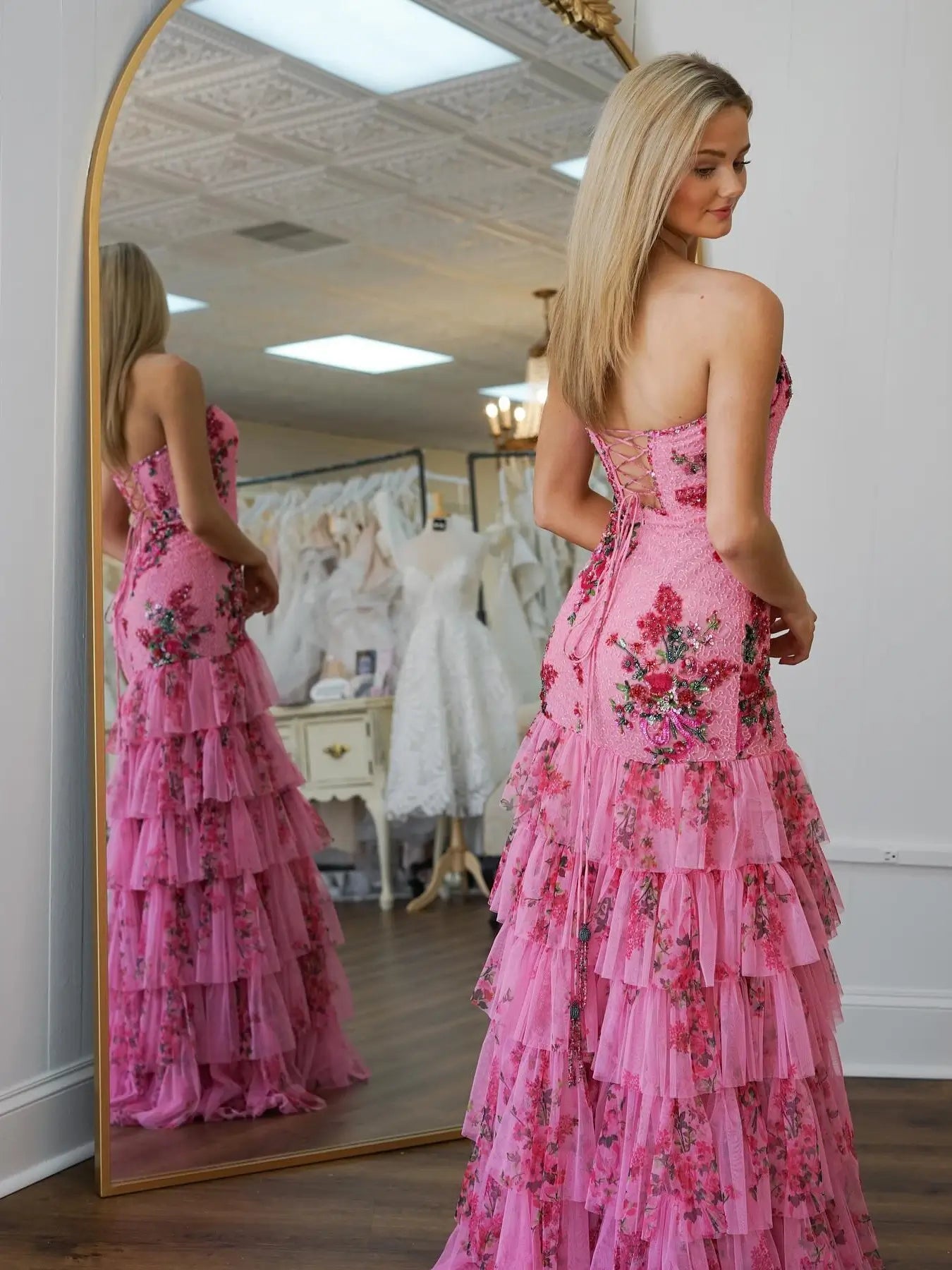 Pink Strapless Beaded Lace Prom Dress with Slit & Tiered Bottom - FD5317 - Viniodressprom dressesPinkCustom Size - Formal Dresses - Ball Gowns