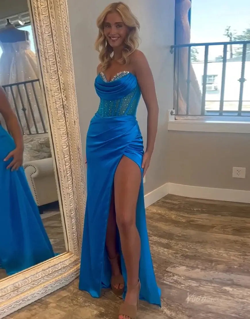 prom dresses 2025-to impress Pink Strapless Satin Mermaid Prom Dresses 2025 with Slit, Beaded Sweetheart Neck & Sheer Boned Bodice – FD5056-plus size wedding dresses Viniodress-Blue-Custom Size-