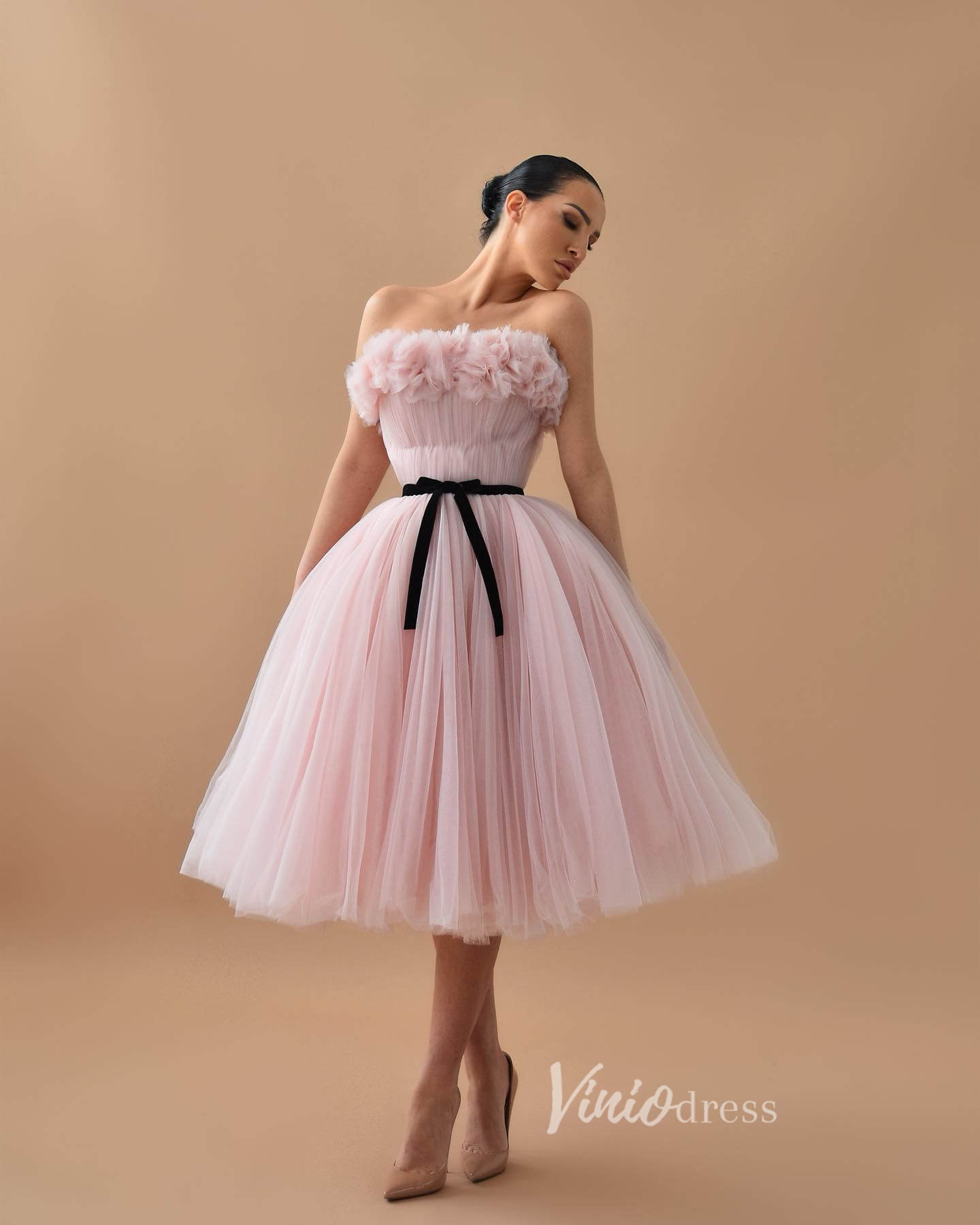 Pink Strapless Short Prom Dresses with Belt Pleated Tulle Hoco Dress FD3600 - Viniodressprom dressesPinkCustom Size - Formal Dresses - Ball Gowns