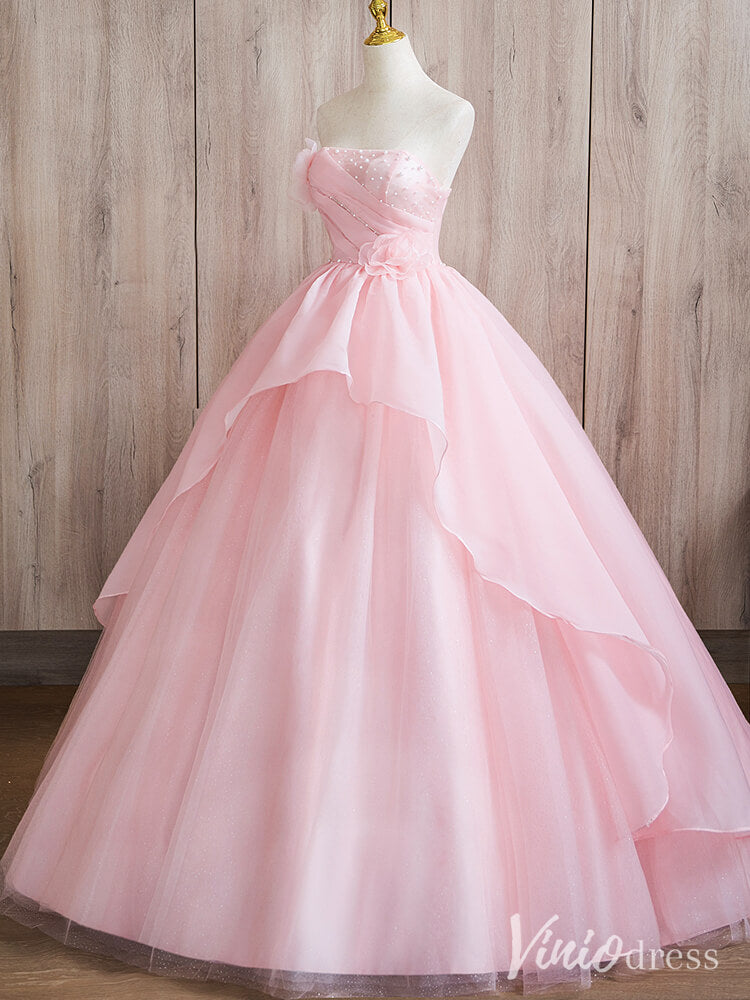 Prom Dress 2025 Pink Strapless Tiered Ruffled Quinceanera Dresses Floral Ball Gown AD1367-unique prom dresses-Pink-Custom Size-Viniodress