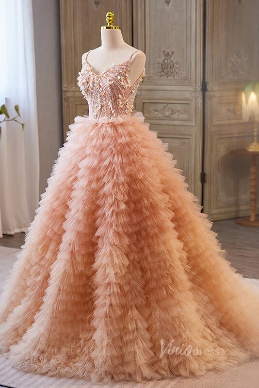 Pink Tiered Beaded Prom Dresses Spaghetti Strap Formal Dress AD1069 - Viniodressprom dressesPinkCustom Size - Formal Dresses - Ball Gowns