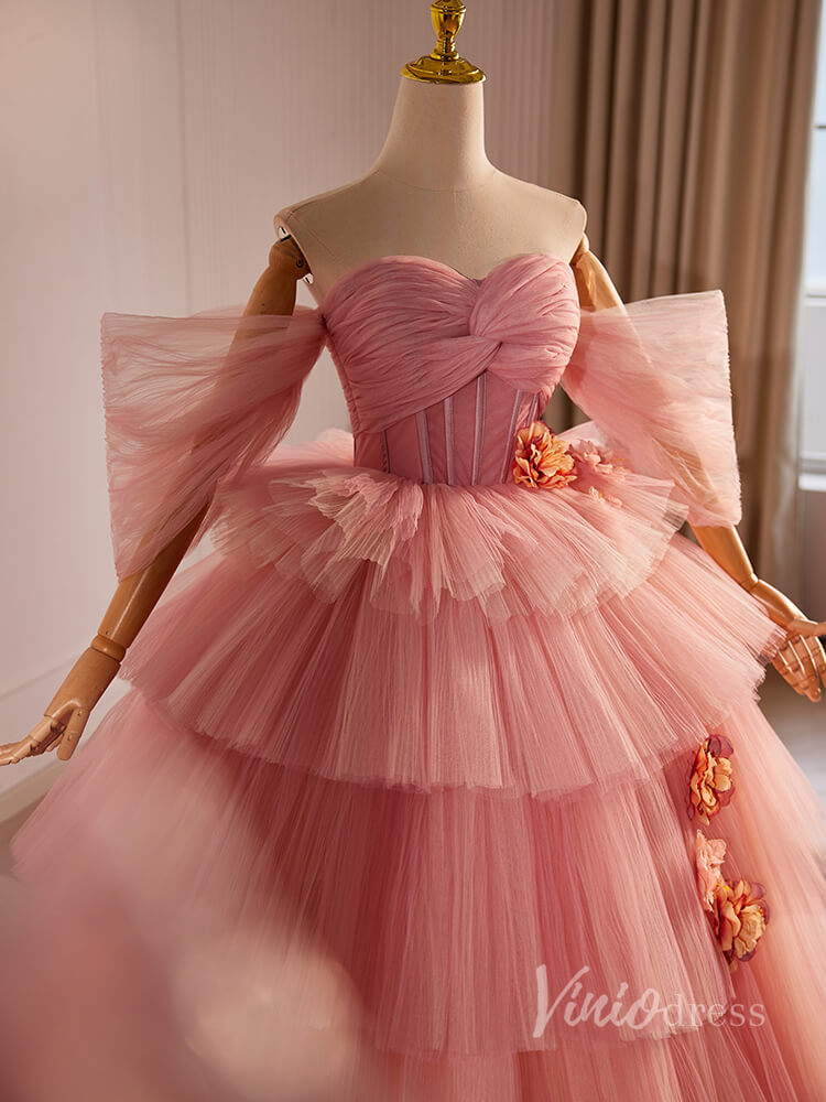 Prom Dress 2025 Pink Tiered Pleated 3D Flower Prom Dresses Off the Shoulder Quinceanera Dress 90027-unique prom dresses-Pink-Custom Size-Viniodress