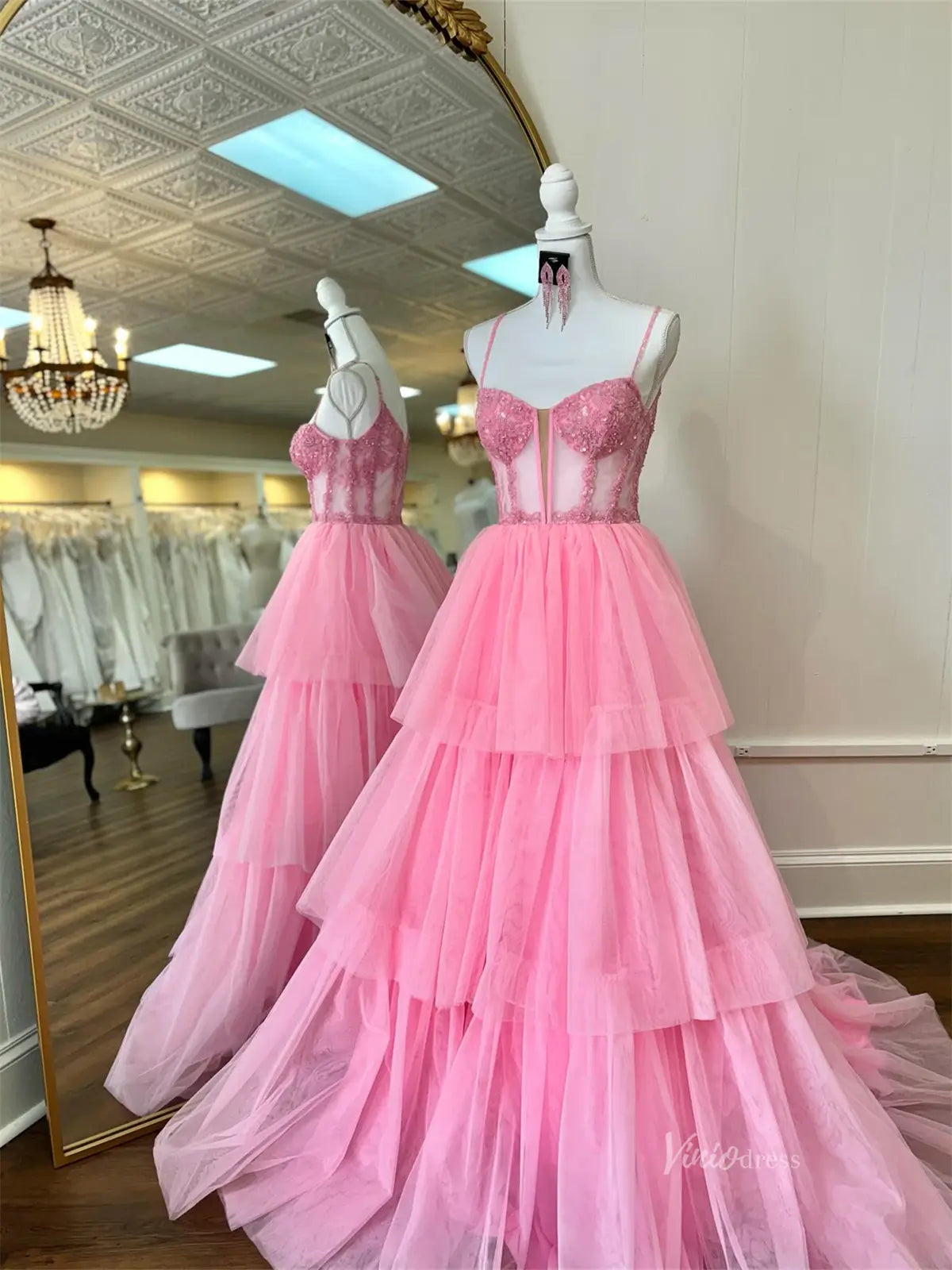 prom dresses 2025 Pink Tiered Tulle Prom Dresses with Sequin Lace, Spaghetti Straps & Sheer Boned Bodice - FD3738-plus size wedding dresses Viniodress-Pink-Custom Size-