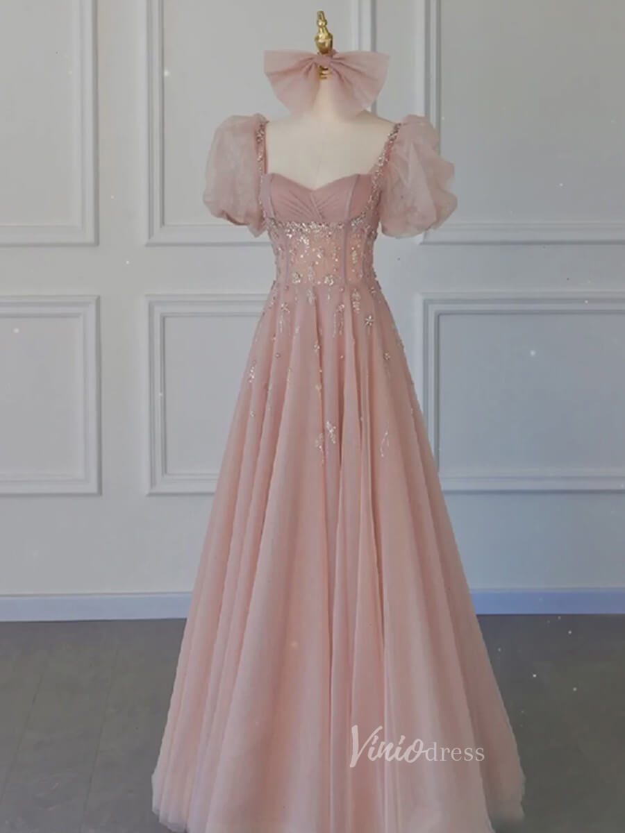 Prom Dress 2025 Pink Tulle Prom Dresses Puffed Sleeve Formal Dress FD3235-unique prom dresses-Pink-Custom Size-Viniodress