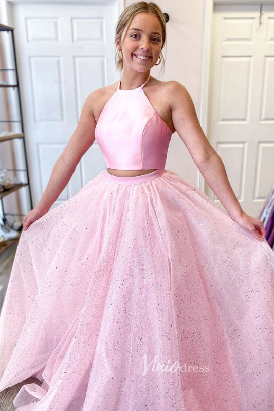 Prom Dress 2025 Pink Two Piece Prom Dresses Halter Neck Sparkly Tulle Evening Dress FD3065-unique prom dresses-Pink-Custom Size-Viniodress