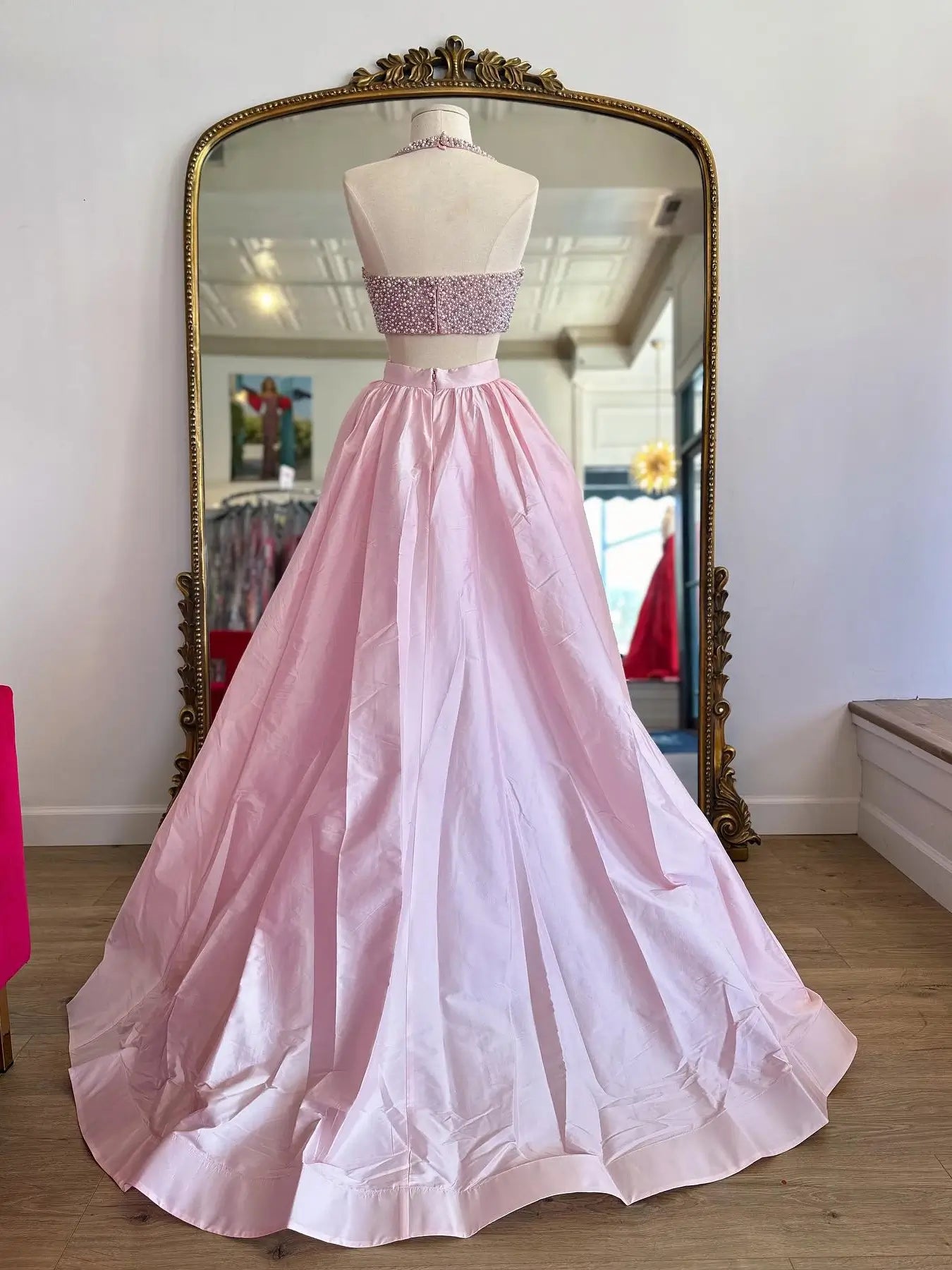 Pink Two - Piece Satin Prom Dress with Slit, Pearl Bodice & Halter Neck – Style FD5193 - Viniodressprom dressesPinkCustom Size - Formal Dresses - Ball Gowns