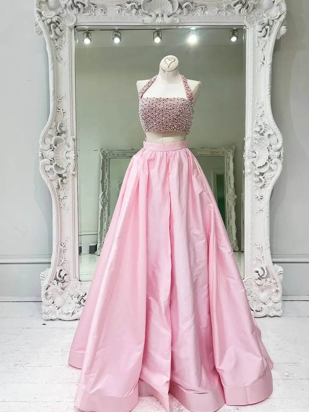 Pink Two - Piece Satin Prom Dress with Slit, Pearl Bodice & Halter Neck – Style FD5193 - Viniodressprom dressesPinkCustom Size - Formal Dresses - Ball Gowns