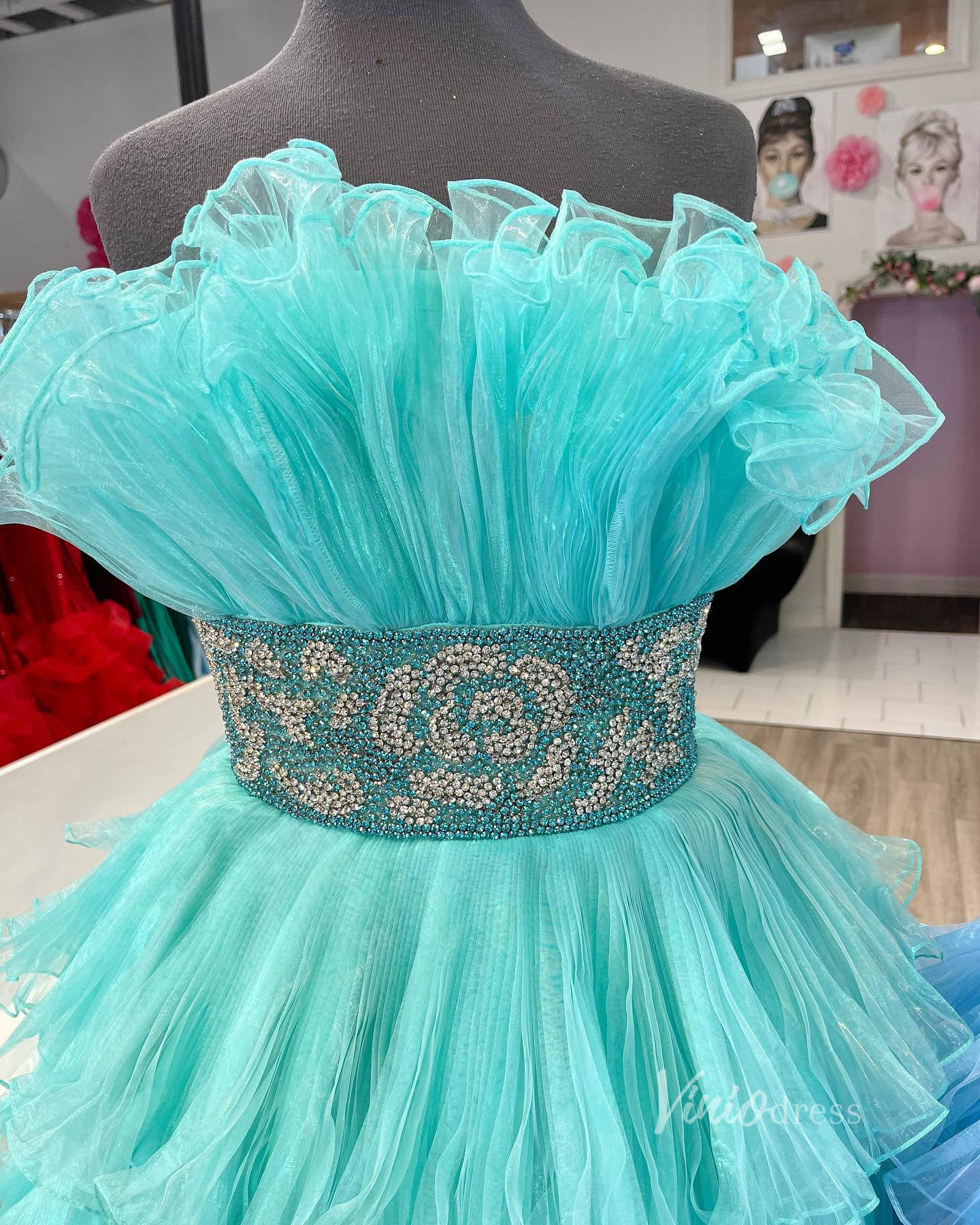 Prom Dress 2025 Pleated Organza Ruffle Prom Dresses Tiered Ball Gowns FD3602B-unique prom dresses-Aqua-Custom Size-Viniodress