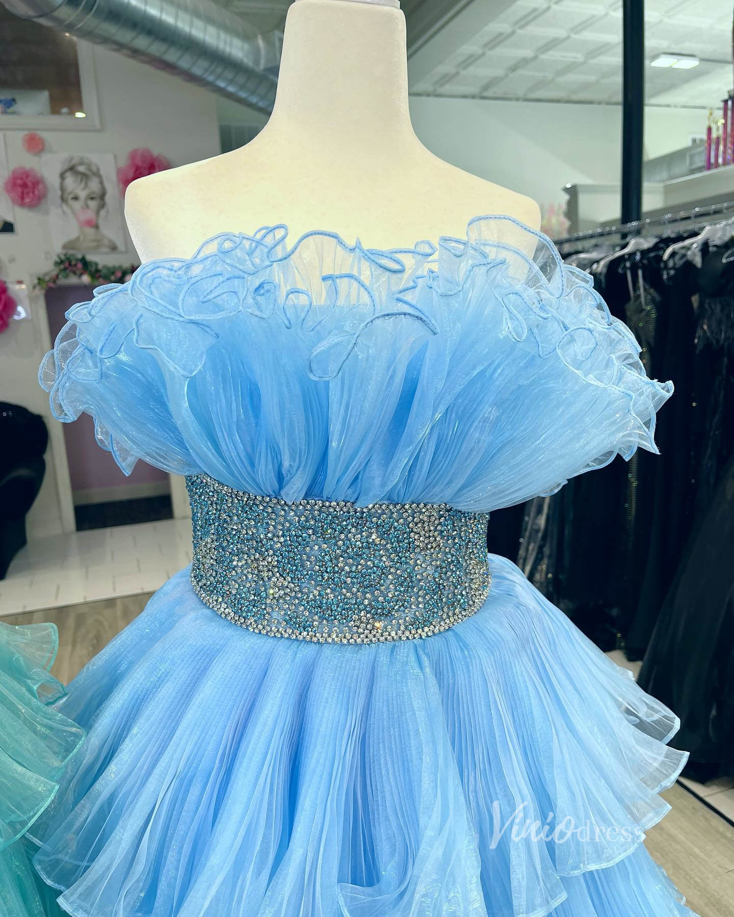 Prom Dress 2025 Pleated Organza Ruffle Prom Dresses Tiered Ball Gowns FD3602B-unique prom dresses-Light Blue-Custom Size-Viniodress