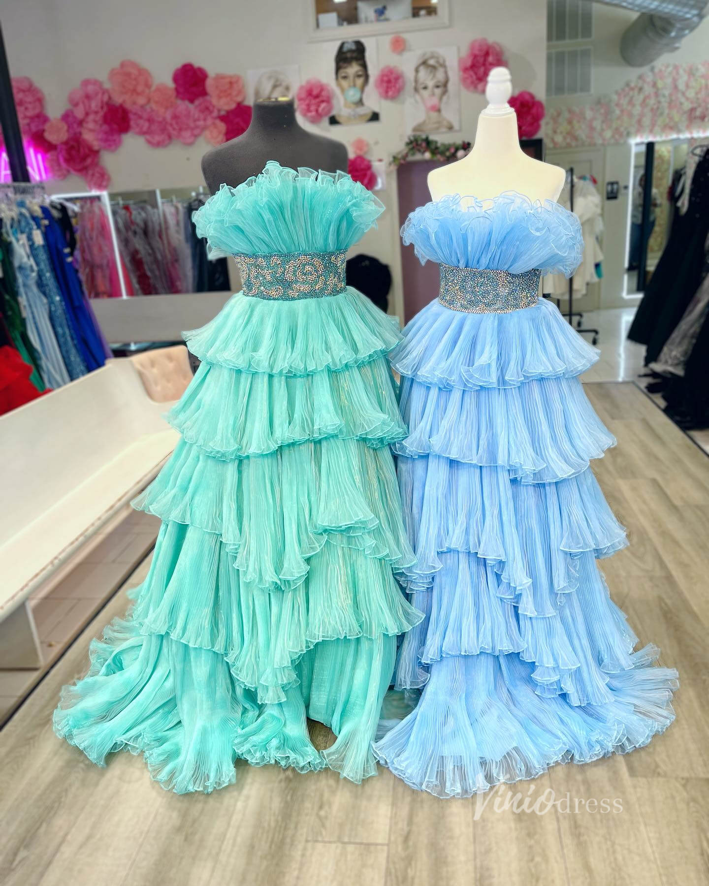 Prom Dress 2025 Pleated Organza Ruffle Prom Dresses Tiered Ball Gowns FD3602B-unique prom dresses-Light Blue-Custom Size-Viniodress