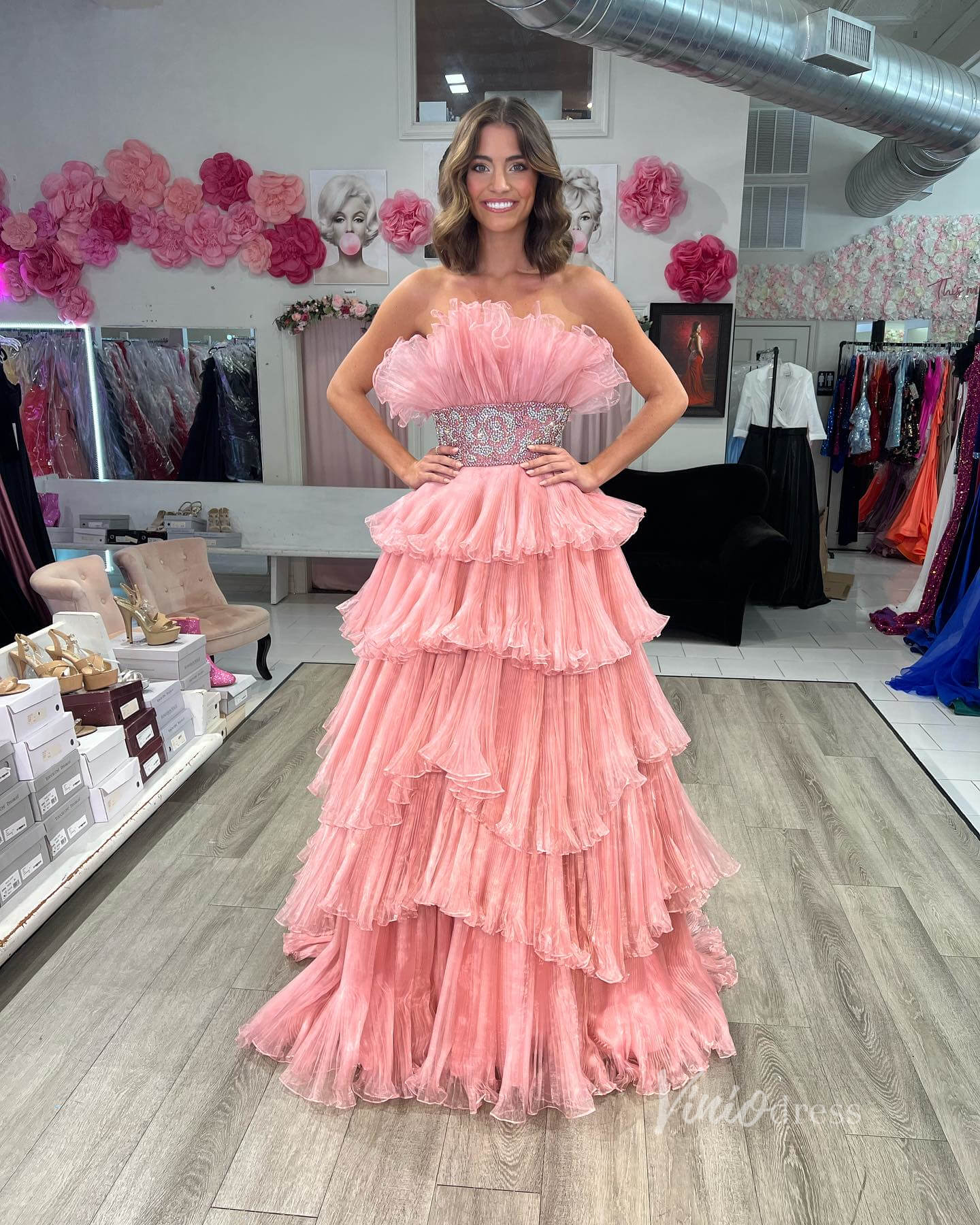 Prom Dress 2025 Pleated Organza Ruffle Prom Dresses Tiered Ball Gowns FD3602B-unique prom dresses-Pink-Custom Size-Viniodress