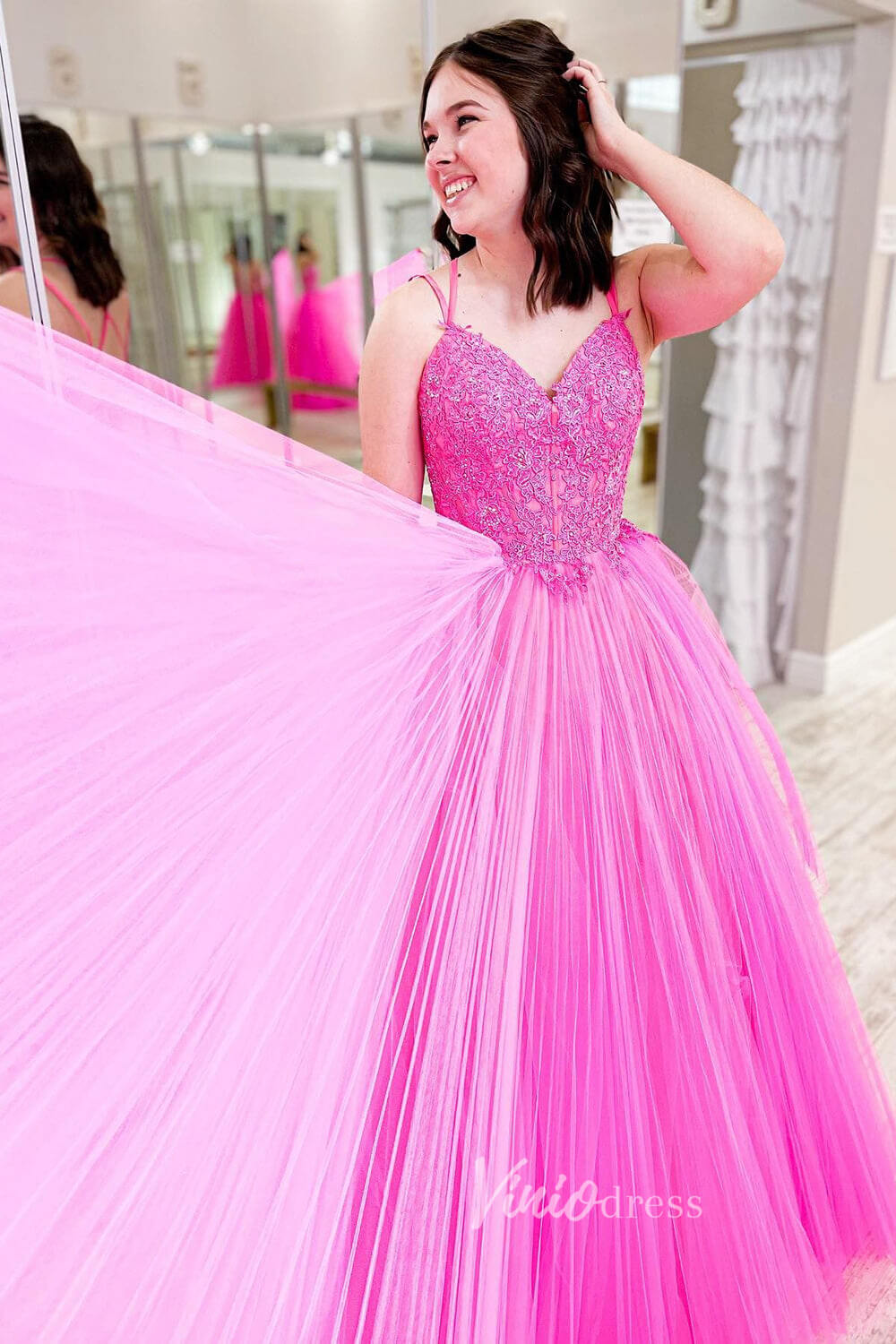 Prom Dress 2025 Pleated Tulle Fuchsia Prom Dresses Spaghetti Strap Lace-up Back FD3070B-unique prom dresses-Fuchsia-Custom Size-Viniodress