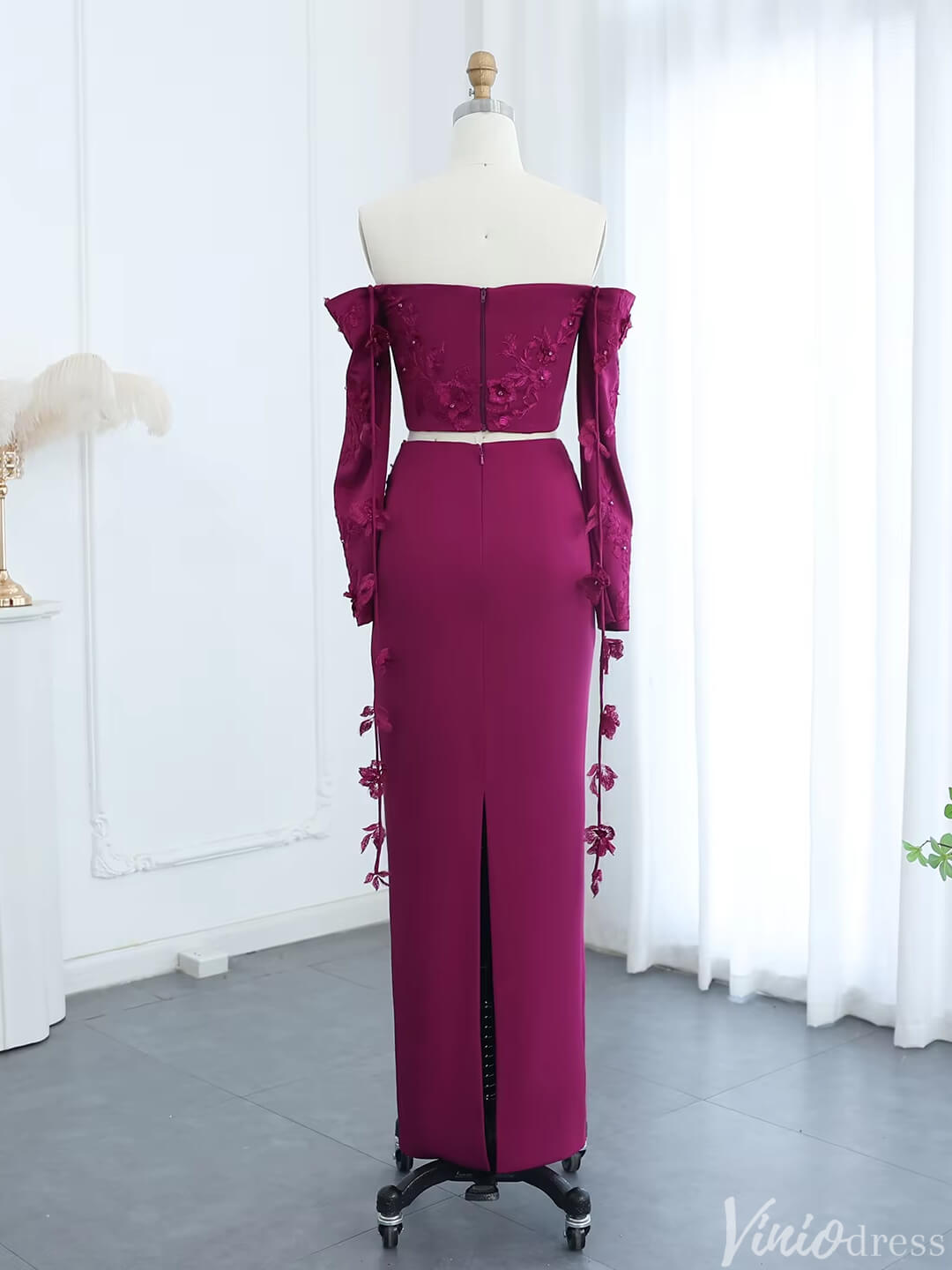 Prom Dress 2025 Plum Sheath Wedding Guest Dresses Off Shoulder Long Sleeve Prom Dress FD1717-unique prom dresses-Plum-US 2-Viniodress