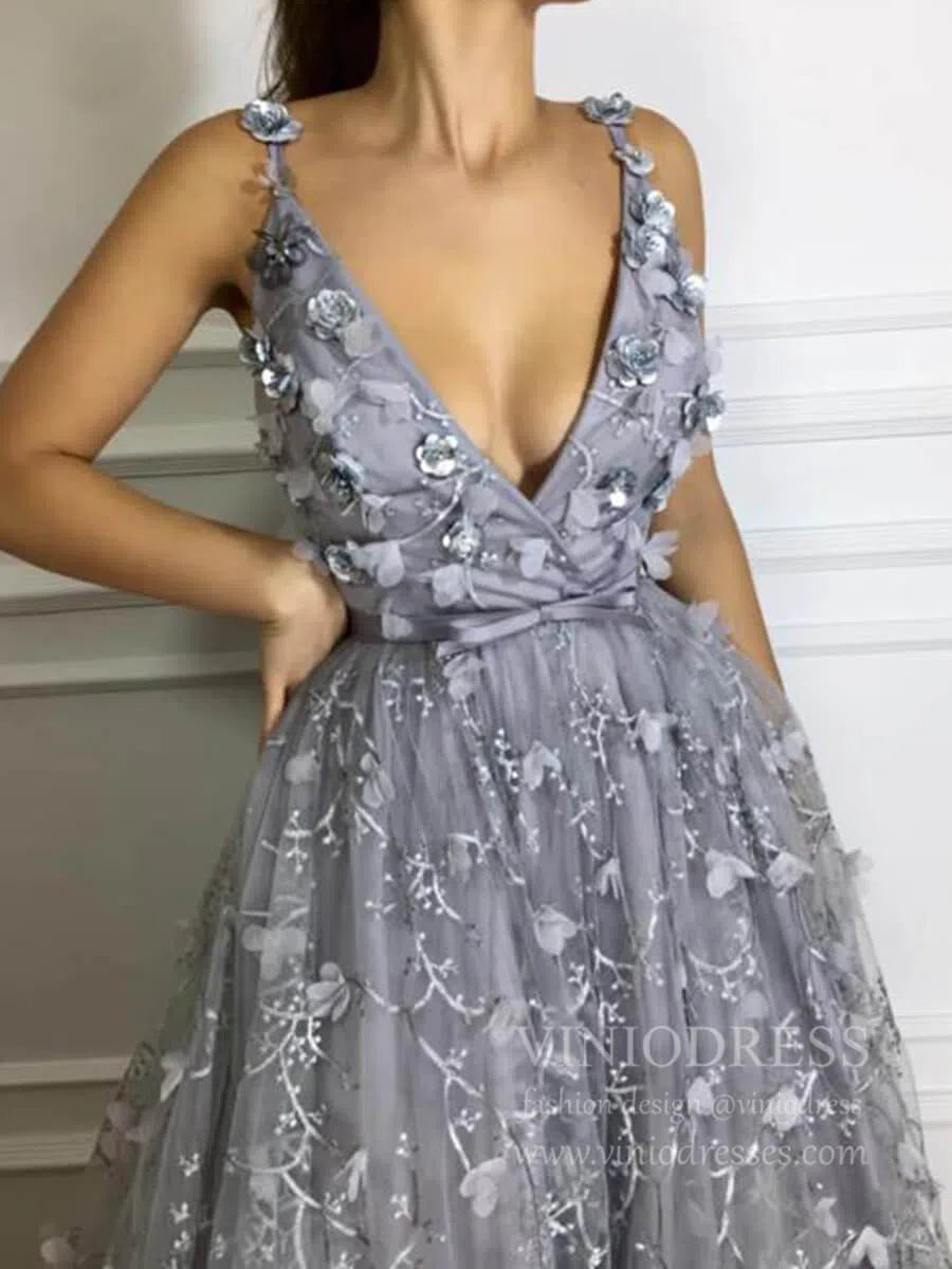 Prom Dress 2025 Plunging V Neck Gray 3D Floral Prom Dresses with Pockets FD1723-unique prom dresses-Grey-Custom Size-Viniodress