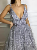 Prom Dress 2025 Plunging V Neck Gray 3D Floral Prom Dresses with Pockets FD1723-unique prom dresses-Grey-Custom Size-Viniodress