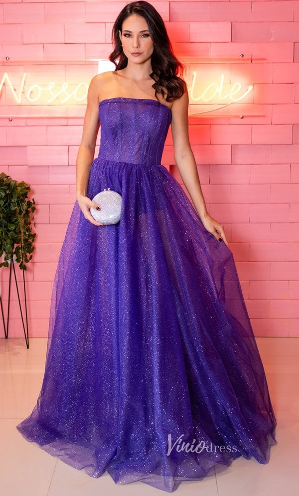 Prom Dress 2025 Purple Sparkly Tulle Prom Dresses with Bow-Tie Strapless Formal Dress FD3578-unique prom dresses-Purple-Custom Size-Viniodress