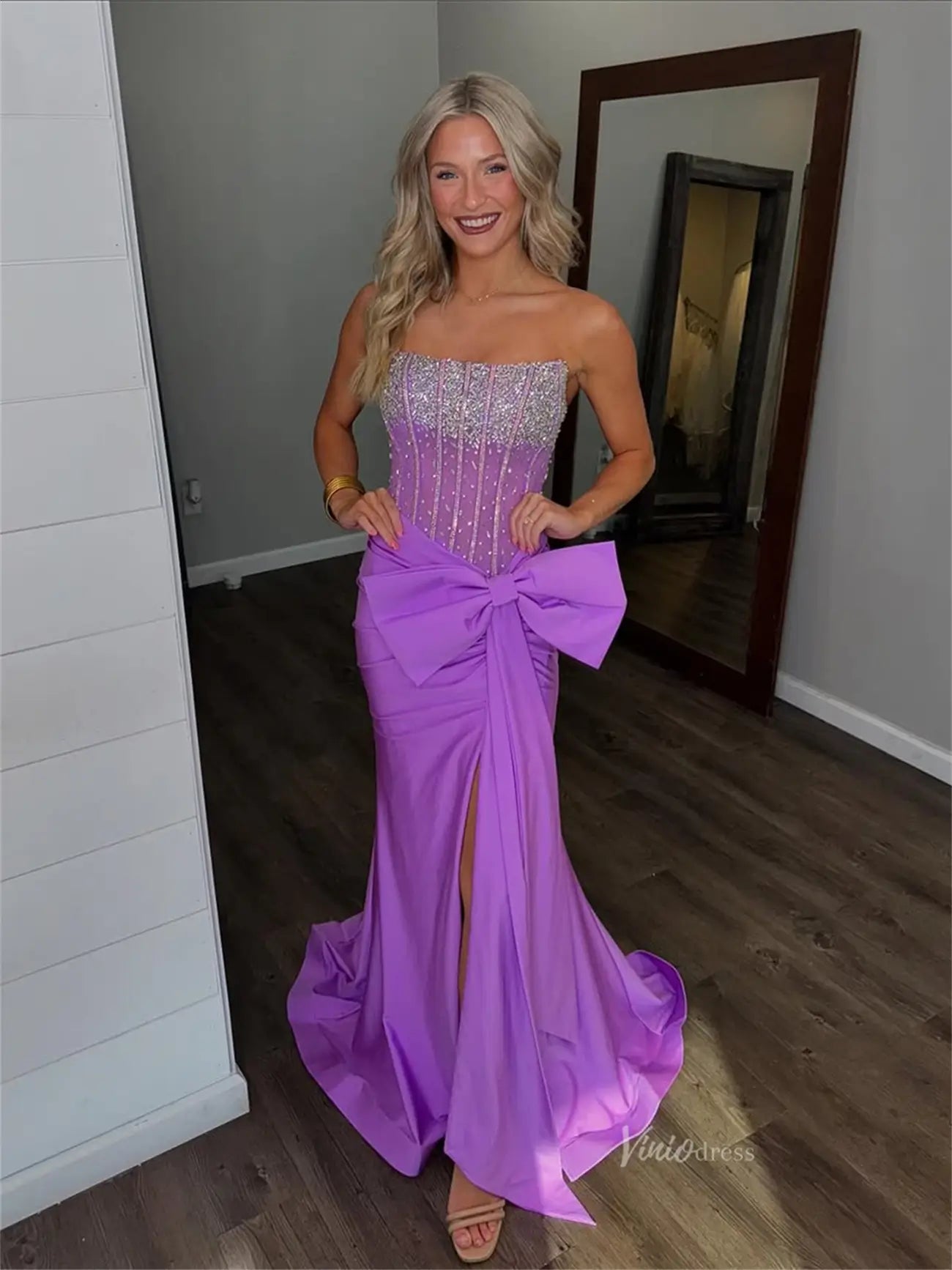 Purple Strapless Sheath Prom Dresses 2025 with Slit, Bow & Beaded Bodice – FD5067 - Viniodressprom dressesPurpleCustom Size - Formal Dresses - Ball Gowns