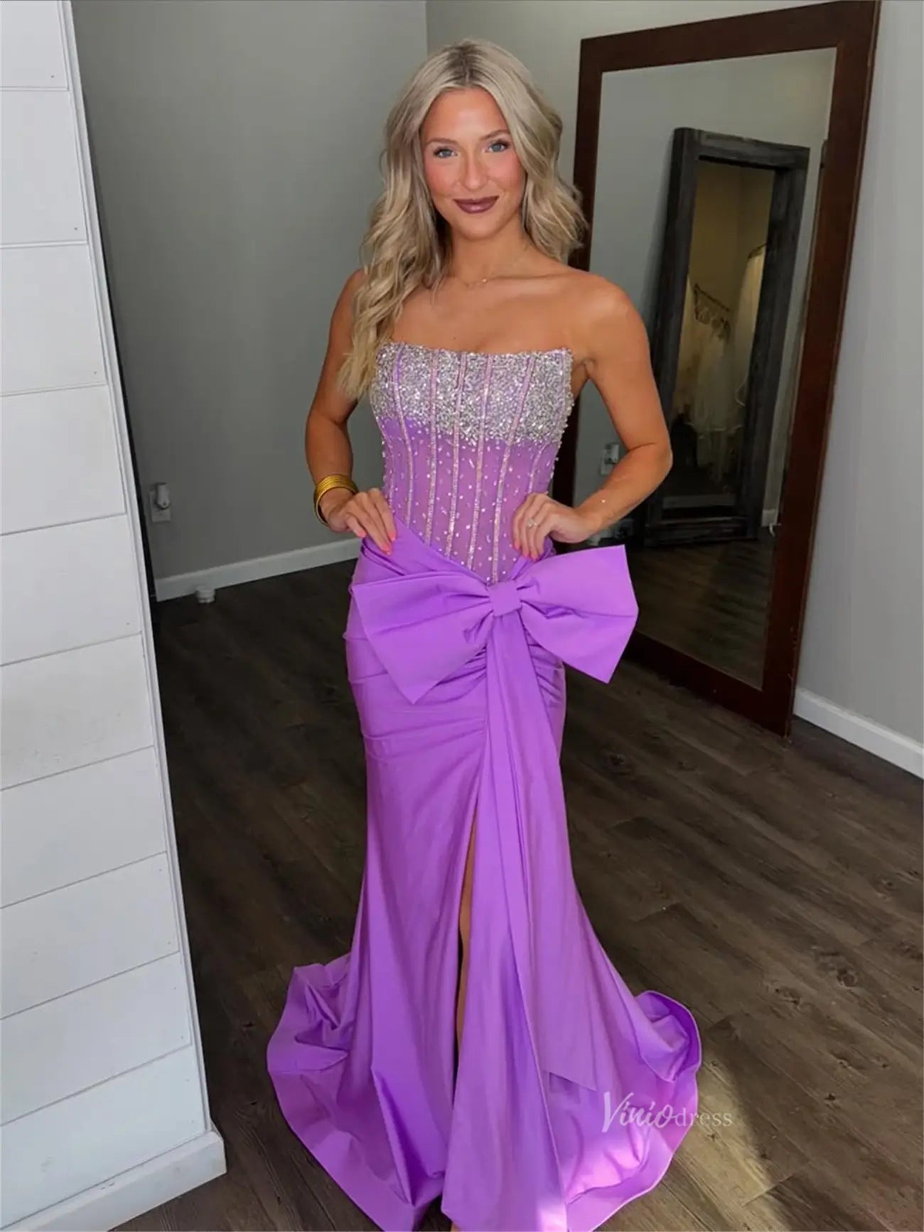 Purple Strapless Sheath Prom Dresses 2025 with Slit, Bow & Beaded Bodice – FD5067 - Viniodressprom dressesPurpleCustom Size - Formal Dresses - Ball Gowns