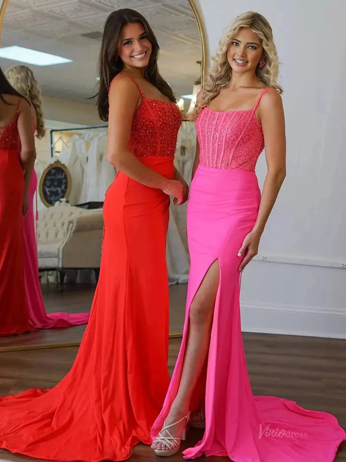 Radiant Satin Mermaid Prom Dresses 2025 with Slit, Spaghetti Strap & Beaded Boned Bodice – FD5060 - Viniodressprom dressesPinkCustom Size - Formal Dresses - Ball Gowns