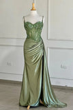 Radiant Satin Mermaid Prom Dresses 2025 with Slit, Sparkly Lace & Spaghetti Strap – FD5042