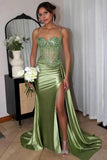 Radiant Satin Mermaid Prom Dresses 2025 with Slit, Sparkly Lace & Spaghetti Strap – FD5042