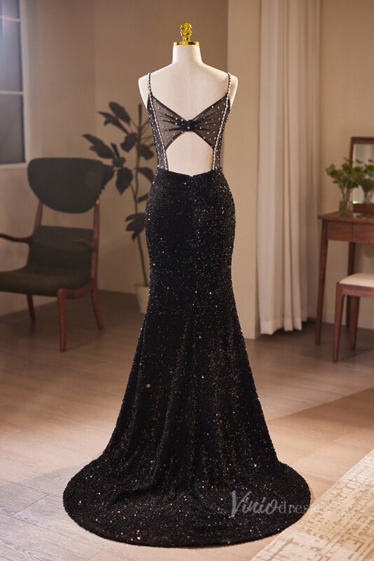 Radiant Sequin Mermaid Prom Dresses with Slit Spaghetti Strap Evening Dress AD1108 - Viniodressprom dressesBlackCustom Size - Formal Dresses - Ball Gowns