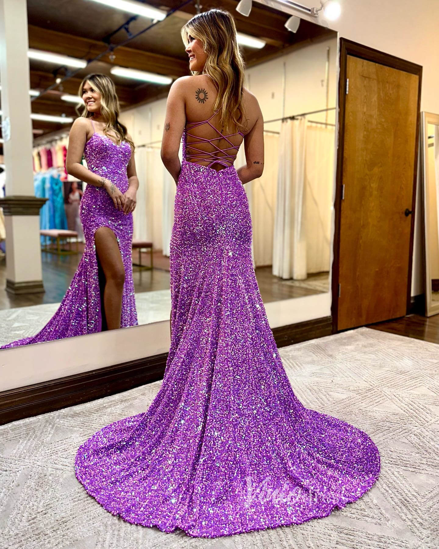 Prom Dress 2025 Radiant Sequin Prom Dresses with Slit Mermaid Spaghetti Strap Evening Dress FD3590-unique prom dresses-Lavender-Custom Size-Viniodress