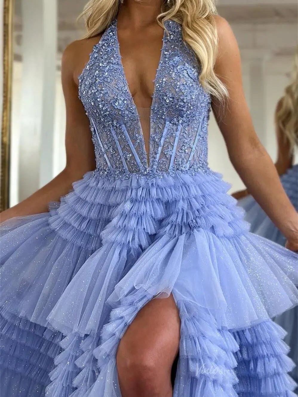 Radiant Sparkly Tulle Prom Dresses 2025 Ruffled Lace Halter Neck Formal Gown with Slit FD3730 - Viniodressprom dressesBlueCustom Size - Formal Dresses - Ball Gowns