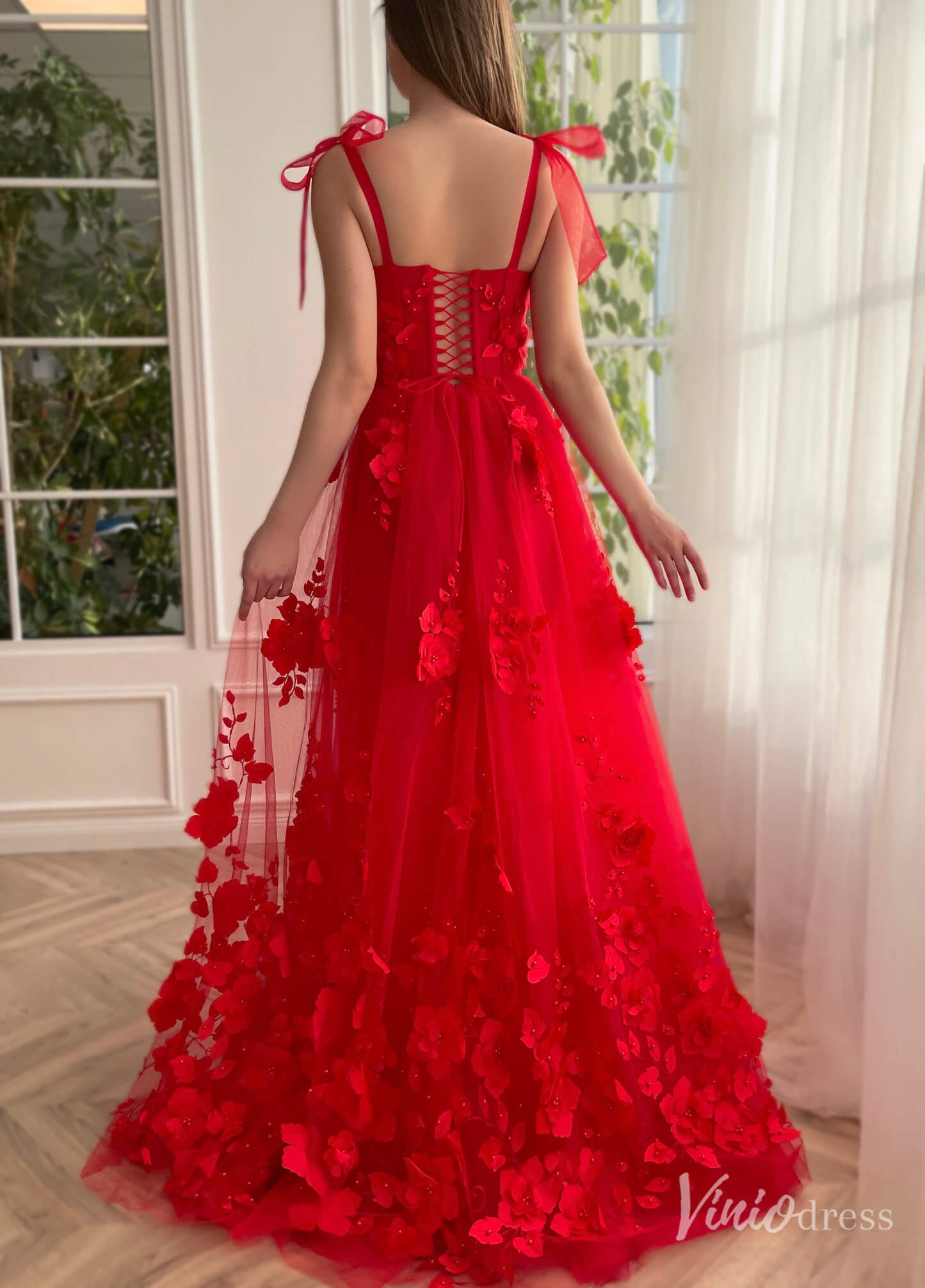 Red 3D Flower Prom Dresses with Pockets Bow Strap Floral Gown with Slit TO018 - Viniodressprom dressesRedCustom Size - Formal Dresses - Ball Gowns