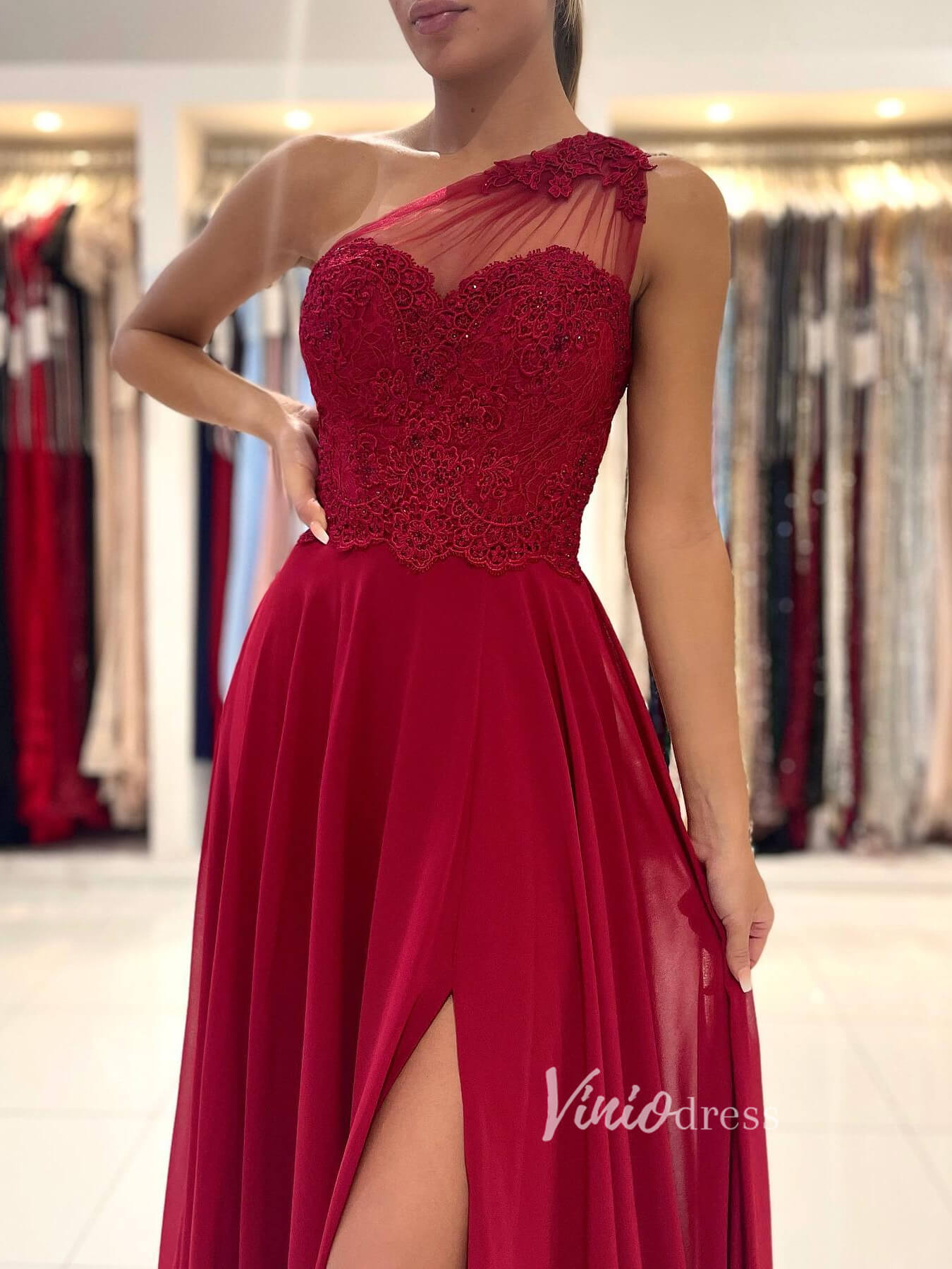 Prom Dress 2025 Red Chiffon Prom Dress High Slit One Shoulder Evening Dress FD2843-unique prom dresses-Dark Red-Custom Size-Viniodress