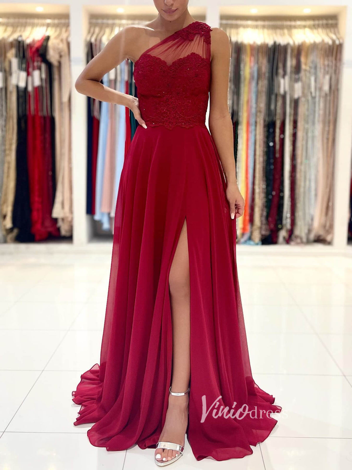 Prom Dress 2025 Red Chiffon Prom Dress High Slit One Shoulder Evening Dress FD2843-unique prom dresses-Dark Red-Custom Size-Viniodress