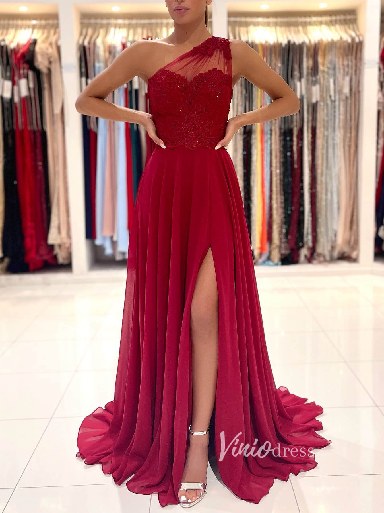 Prom Dress 2025 Red Chiffon Prom Dress High Slit One Shoulder Evening Dress FD2843-unique prom dresses-Dark Red-Custom Size-Viniodress