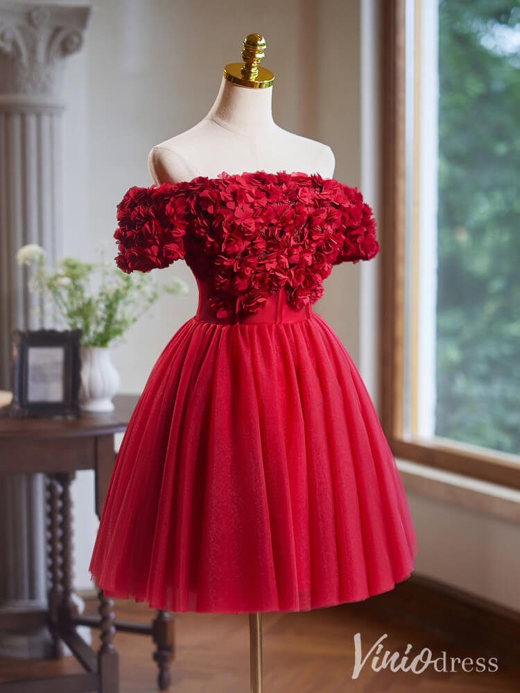 Red Floral Homecoming Dresses Off the Shoulder Graduation Dress BJ054 - Viniodressprom dressesRedCustom Size - Formal Dresses - Ball Gowns