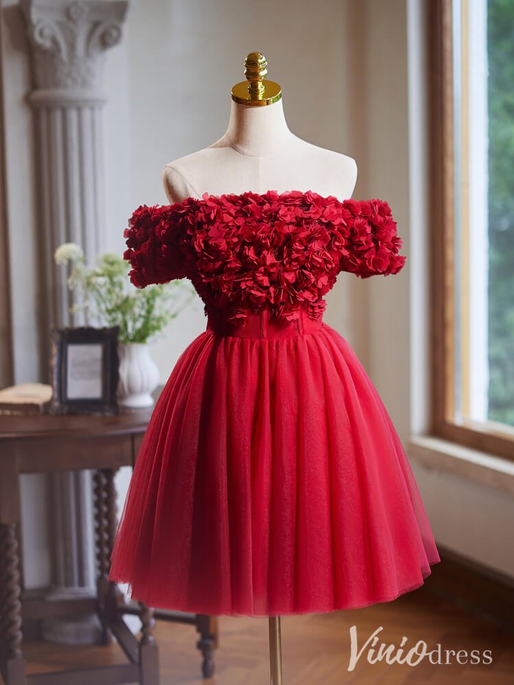 Red Floral Homecoming Dresses Off the Shoulder Graduation Dress BJ054 - Viniodressprom dressesRedCustom Size - Formal Dresses - Ball Gowns