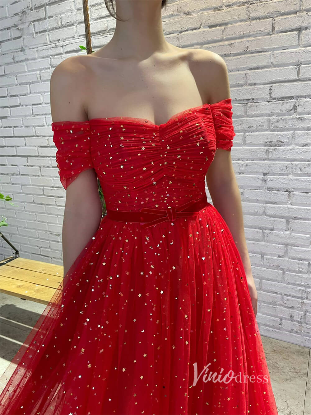 Prom Dress 2025 Red Glitter Star Prom Dress with Pockets Off the Shoulder Formal Dresses SD1437L-unique prom dresses-Red-Custom Size-Viniodress