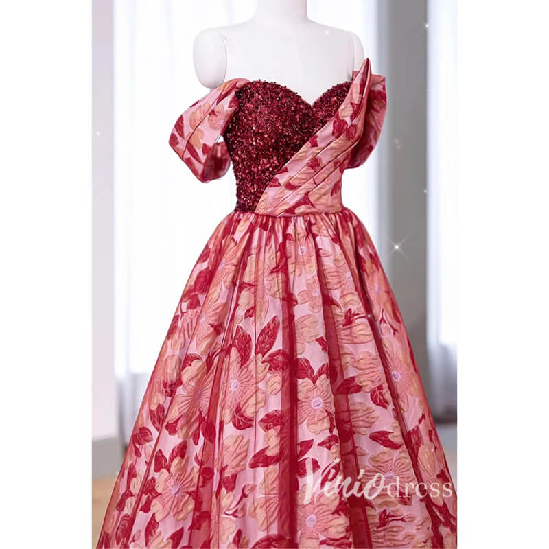 Red Jacquard Prom Dresses Long Sweetheart Neck FD3409 Off the Shoulder - Viniodressprom dressesRedCustom Size - Formal Dresses - Ball Gowns