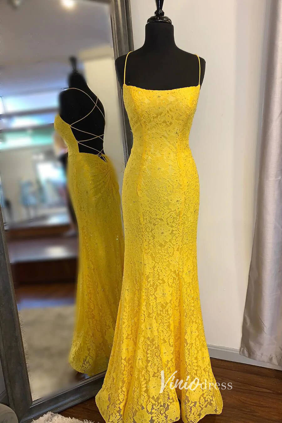 Prom Dress 2025 Red Lace Applique Prom Dresses Mermaid Spaghetti Strap Evening Dress FD3276-unique prom dresses-Yellow-Custom Size-Viniodress