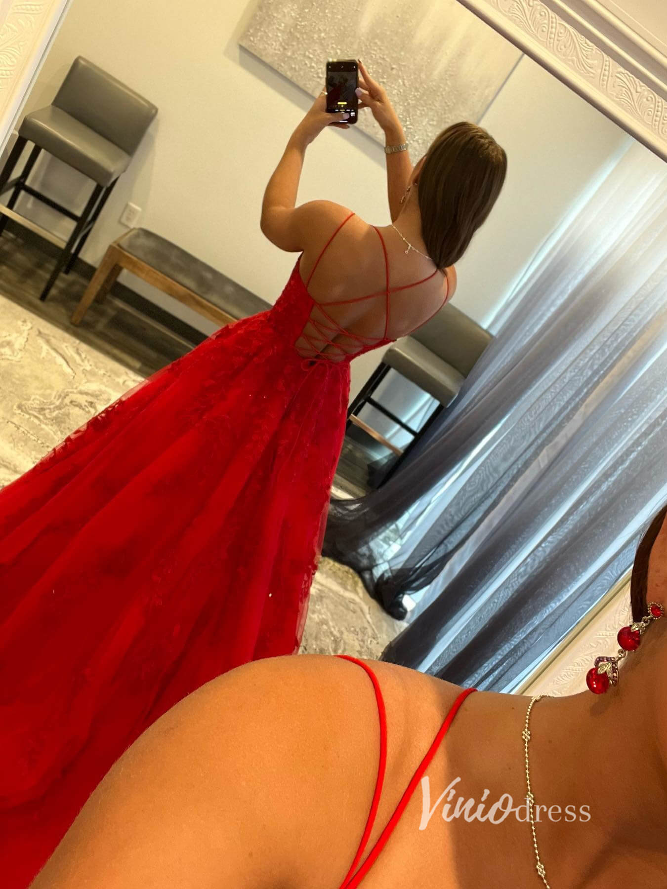 Prom Dress 2025 Red Lace Applique Prom Dresses Spaghetti Strap Evening Dress FD2929-unique prom dresses-Red-Custom Size-Viniodress