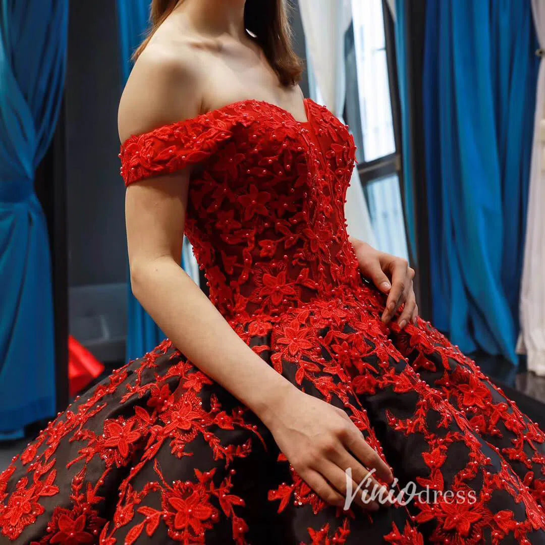 Prom Dress 2025 Red Lace Ball Gown Prom Dresses Off the Shoulder Quinceanera Dress 66842 viniodress-unique prom dresses-Red-Custom Size-Viniodress